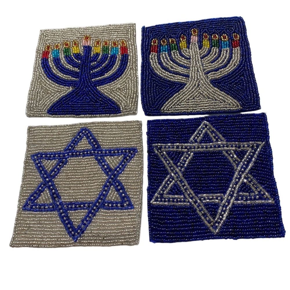 SUDHA PENNATHUR Set of 4 Hand Beaded Coasters  2 Menorah and 2 Star of David